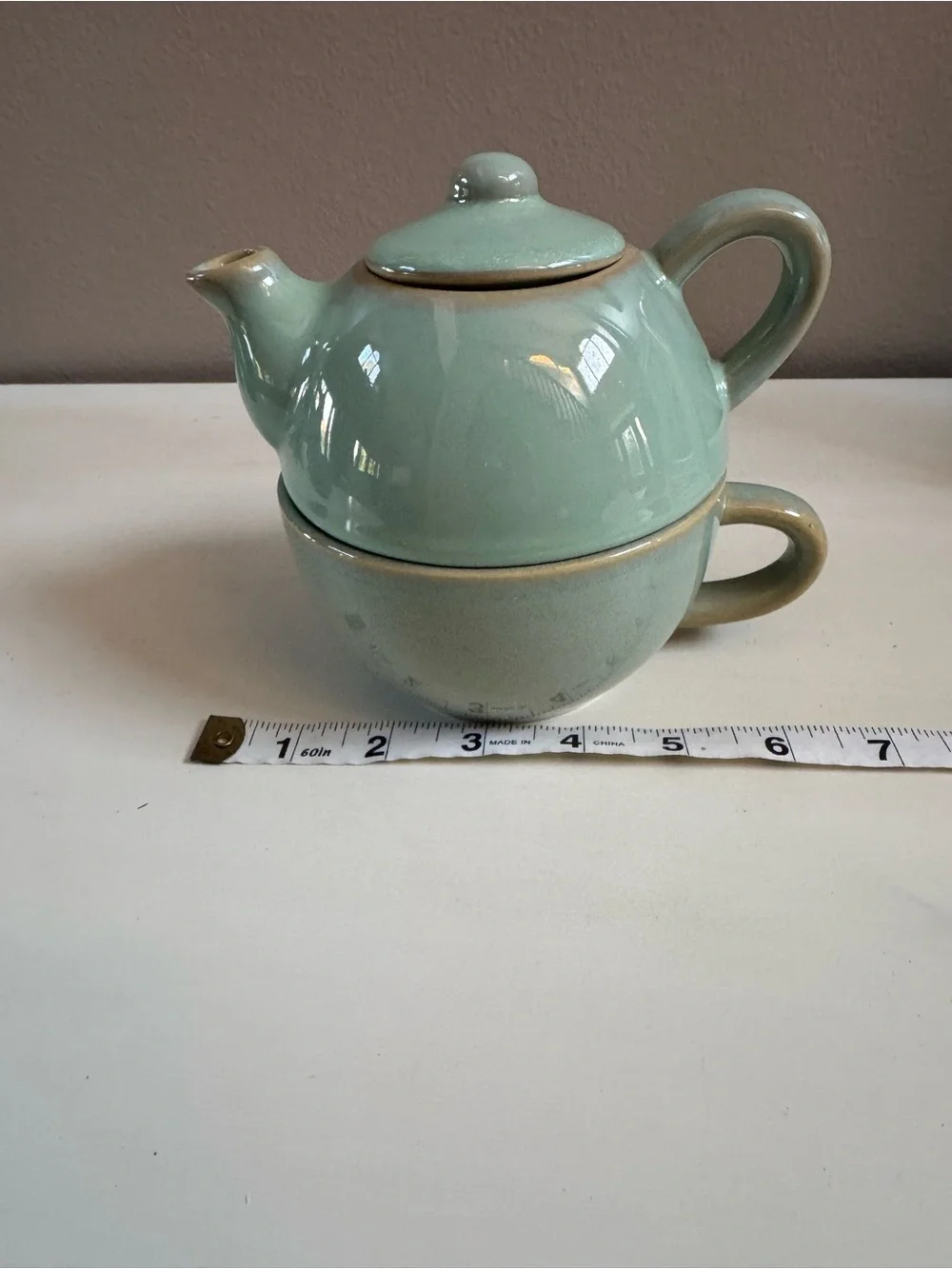 Pier 1 stoneware Teapot Mug Set in Seafoam Green vintage